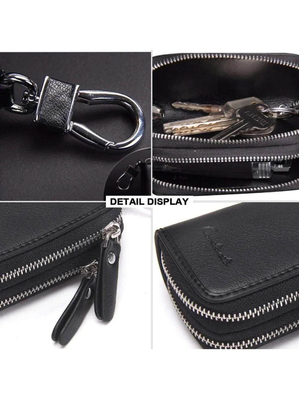 Stylish Small Leather Double Zipper Key Holder Case with 4 Keyrings - Key